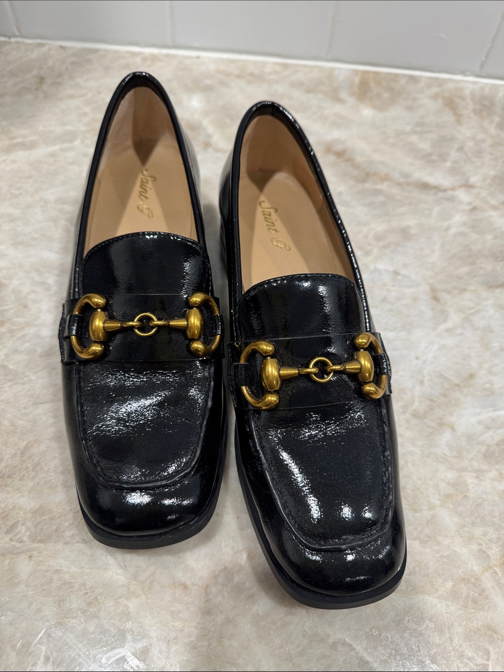 Saint G black Patent Leather Loafers with Gold Hardware